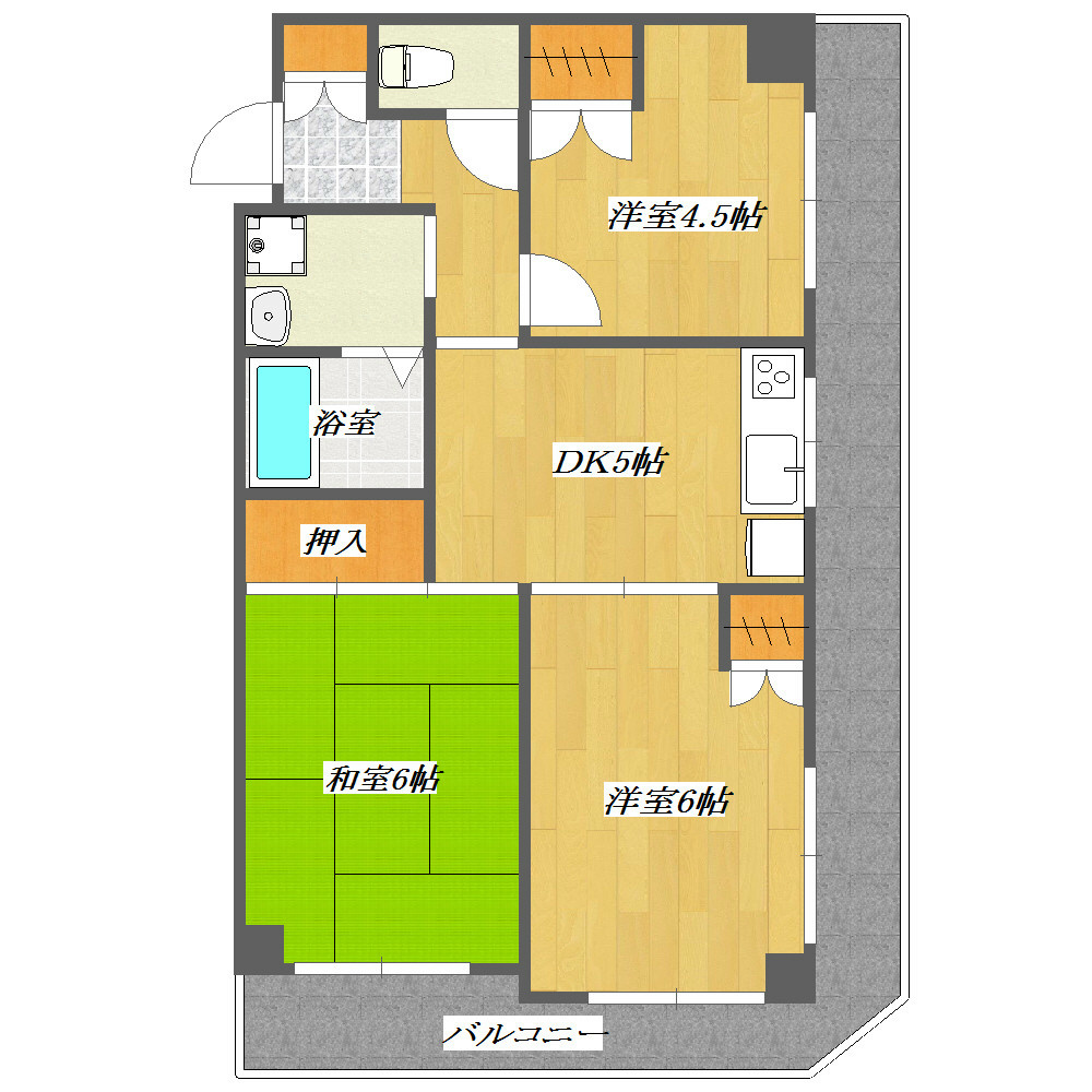 マンションカネイ 広々使える３ＤＫ。Ｌ字バルコニーです。